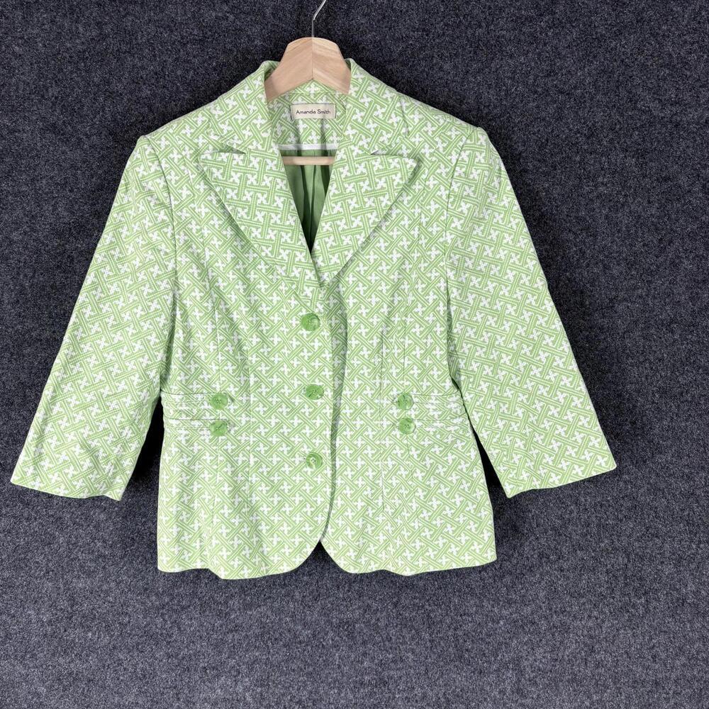 Amanda Smith Blazer Women 8 Green Geometric Button Up Collared Long Sleeve